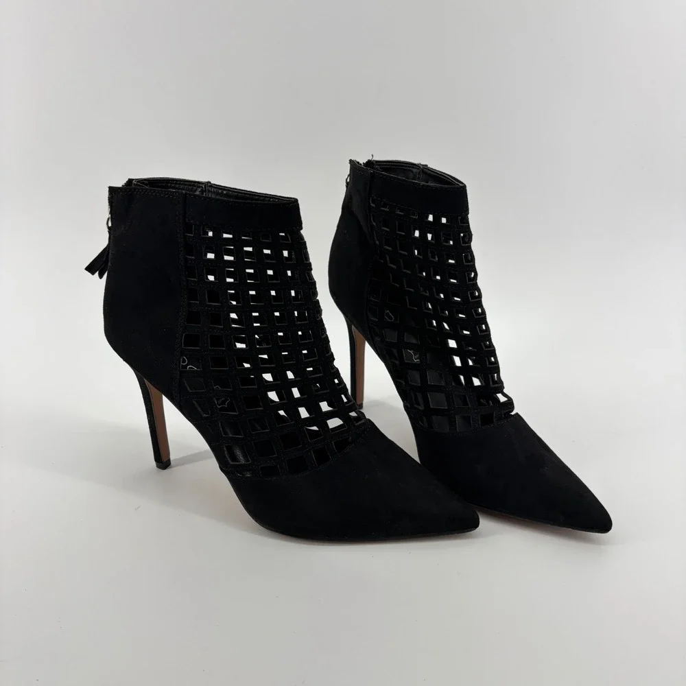 Aldo Ankle Boots Black Women 7.5 Laser Cut‎ Out Cage Pointed Toe Stiletto Heel
